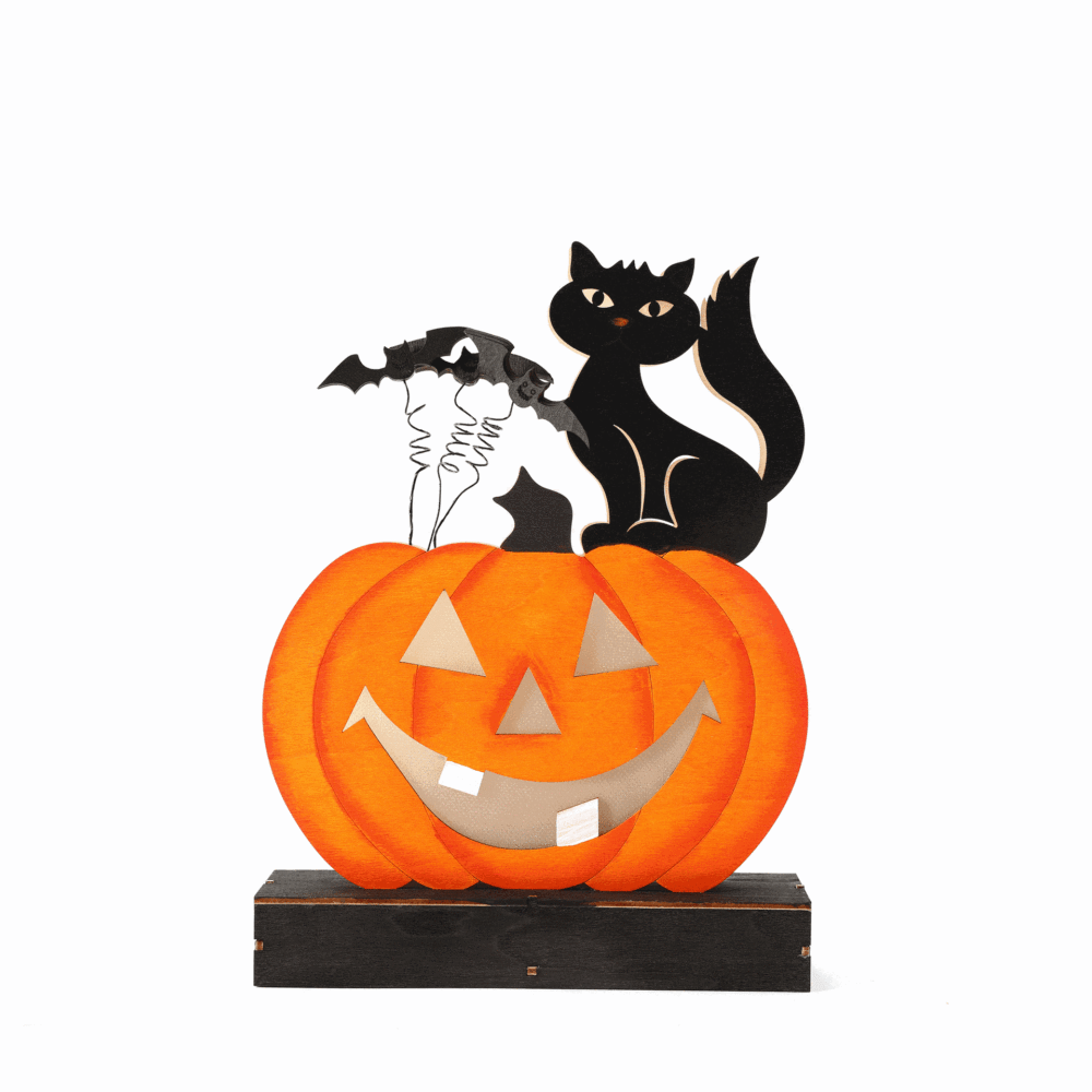 Luminous Halloween Wooden Pumpkin Cat Bat Display Decorations, Glow in the Dark, for Home Tabletop Decoration