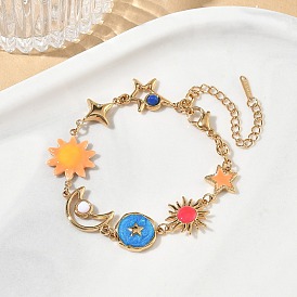 304 Stainless Steel Enamel Colorful Star Sun Moon Link Chain Bracelets for Women, with Plastic