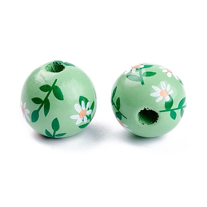 Spray Painted Natural Wood Beads, Round with Flower Pettern