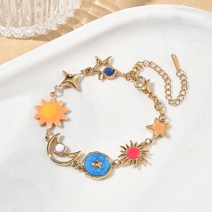 304 Stainless Steel Enamel Colorful Star Sun Moon Link Chain Bracelets for Women, with Plastic