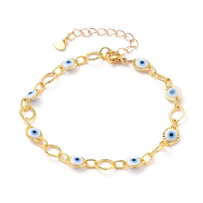 Brass Horse Eye Link Bracelets, with Evil Eye Plastic Beads and 304 Stainless Steel Lobster Claw Clasps