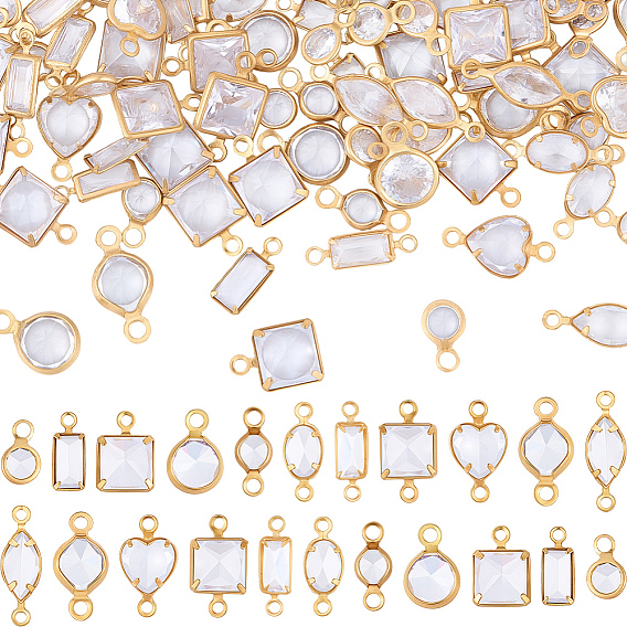 110 pcs 11 styles en laiton pavé de breloques de connecteur en zircone cubique transparente, œil de cheval rectangle en forme de cœur, formes mixtes
