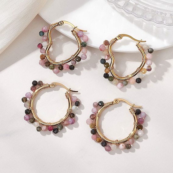 2 пары 2 стили сережек-колец с натуральным разноцветным турмалином, с 201 серьгами из нержавеющей стали, форма сердца и кольца