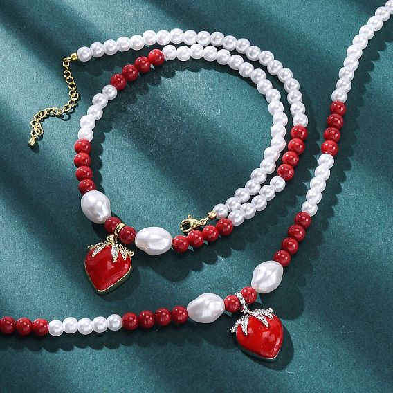 Strawberry Brass Micro Pave Clear Cubic Zirconia Red Enamel Pendant Necklaces for Women, Plastic Imitation Pearl Beaded Necklaces, Cadmium Free & Lead Free, Long-Lasting Plated, Rack Plating