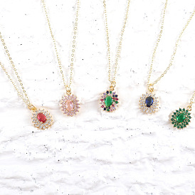 Colorful Gemstone Pendant Necklace with Classic Full Diamond, European and American Style Fashion Accessories