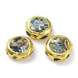 Rack Plating Brass Beads, with Natural Abalone Shell/Paua Shell, Long-Lasting Plated, Flat Round
