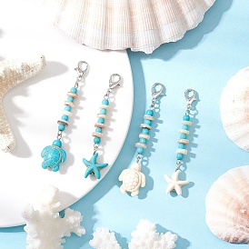 Синтетическая бирюзовая морская звезда черепаха подвеска украшения, с бусинами из натуральных пресноводных ракушек и застежками-когтями из цинкового сплава.