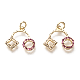 Brass Micro Pave Clear & Medium Violet Red Cubic Zirconia Pendants, with Jump Ring, Long-Lasting Plated, Rhombus & Round Ring