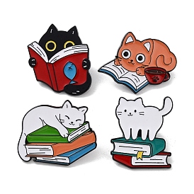 Bookish Cat Shape Alloy Enamel Pin Brooches, for Backpack Clothes