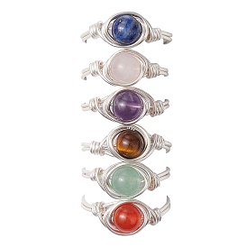 Round Natural Amethyst/Green Aventurine/Carnelian/Rose Quartz/Tiger Eye/Lapis Lazuli Braided Finger Ring, Copper Wire Wrap Jewelry for Women