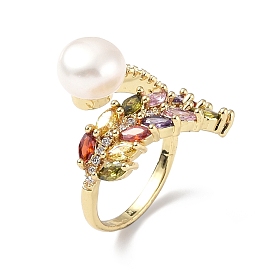 Colorful Cubic Zirconia Wheat with Natural Pearl Open Cuff Ring, Rack Plating Brass Jewelry for Women