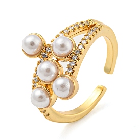Brass Micro Pave Cubic Zirconia Open Finger Ring, with Plastic Imitation Pearl, Cadmium Free & Lead Free, Long-Lasting Plated