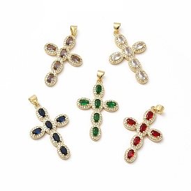 Rack Plating Brass Cubic Zirconia Pendants, Cadmium Free & Lead Free, Real 18K Gold Plated, Long-Lasting Plated, Religion Cross Charm