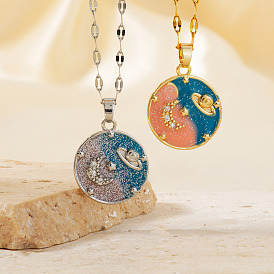 Brass Coral & Blue Enamel Round Universe Star Glitter Pendant Dapped Chain Necklaces for Women