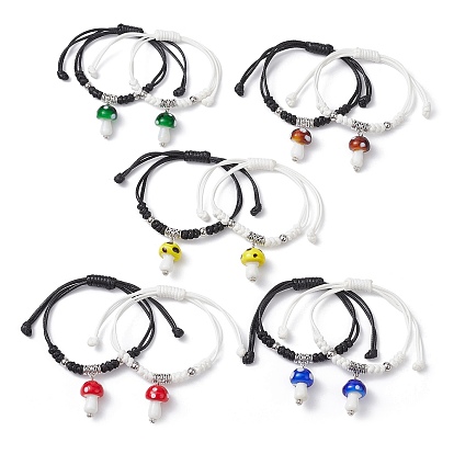 2Pcs 2 Color Mushroom Lampwork Charm Bracelets Set, Polyester Cord Braided Adjustable Bracelets