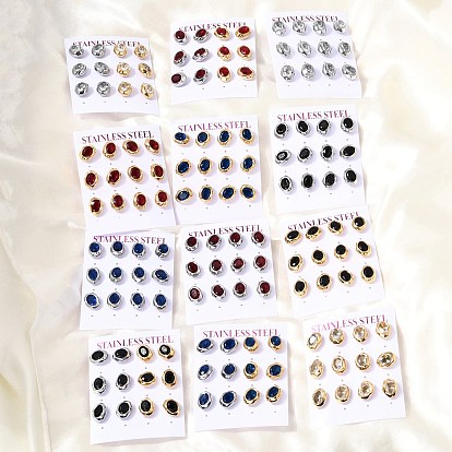 6 Pairs 304 Stainless Steel Pave Cubic Zirconia Stud Earrings, Oval