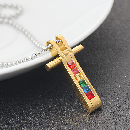 Rainbow Color Pride Flag Rhinestone Cross Pendant Necklace with Titanium Steel Ball Chains for Women