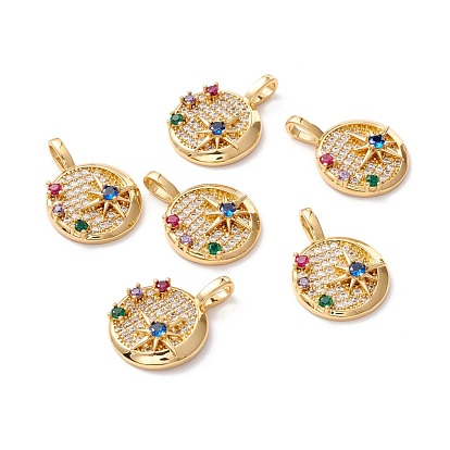 Brass Micro Pave Colorful Cubic Zirconia Pendants, Long-Lasting Plated, Lead Free & Cadmium Free & Nickel Free, Flat Round with Star
