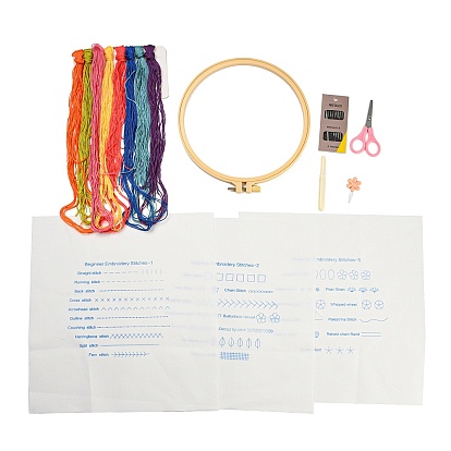 DIY Embroidery Stitches Practice Kit for Beginners,  Including Non-Woven Fabric, Embroidery Hoop, Scissor, Seam Ripper, Threader