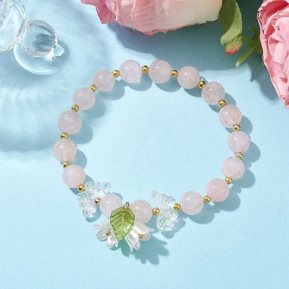 Эластичные браслеты из натурального розового кварца с бабочкой, с акриловыми подвесками-цветками