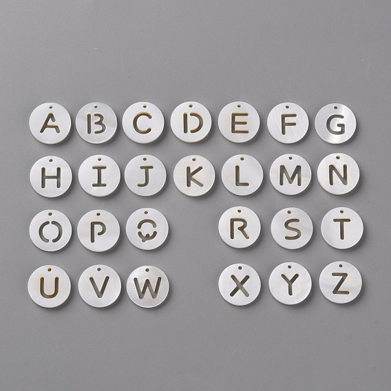 26Pcs 26 Style Natural Freshwater Shell, Flat Round with Alphabet