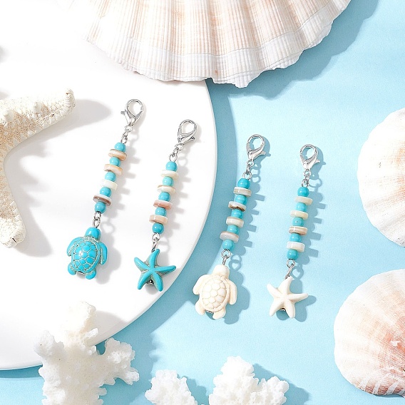 Синтетическая бирюзовая морская звезда черепаха подвеска украшения, с бусинами из натуральных пресноводных ракушек и застежками-когтями из цинкового сплава.