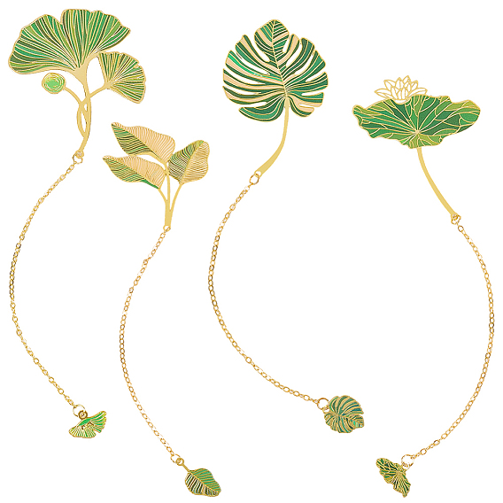 4 шт. 4 стили латунные закладки-подвески в виде листьев с цепочкой