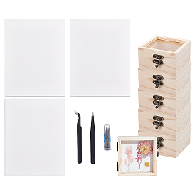 Insect Specimen DIY Kit, 6Pcs Square Clear Glass Flip Cover Wooden Storage Boxes, with 2 Sheets EVA Foam Boards, 1 Set Tweezers, 10Pcs Tracing Paper and 1 Bottle 201 Stainless Steel Insect Pins