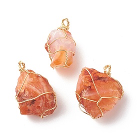 Rough Raw Natural Carnelian Pendants, with Real 18K Gold Plated Copper Wire Wrapped, Nuggets