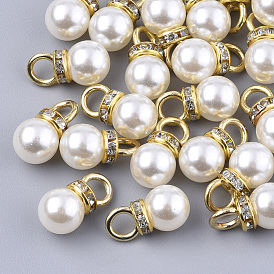 High Luster ABS Plastic Imitation Pearl Pendants, with Golden Plated Iron Findings and Crystal Rhinestone, Round