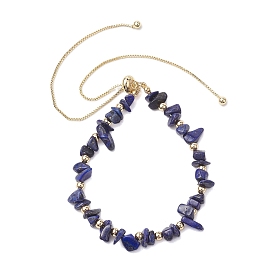 Adjustable Natural Lapis Lazuli Chips Beaded Slider Bracelets for Women, with Brass Box Chain