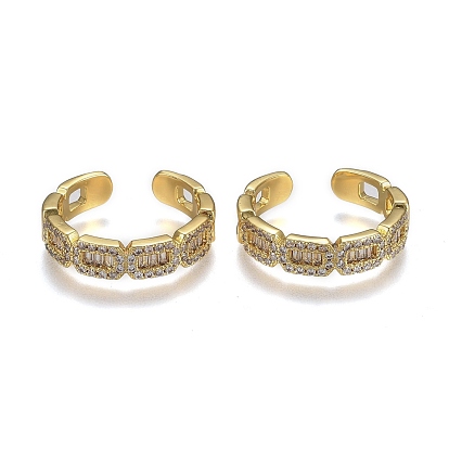 Adjustable Brass Micro Pave Clear Cubic Zirconia Cuff Rings, Open Rings, Cadmium Free & Lead Free, Long-Lasting Plated, Rectangle