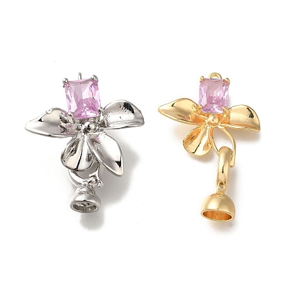 Brass Fold Over Clasps, Micro Pave Pink Cubic Zirconia, Cadmium Free & Nickel Free & Lead Free, Flower
