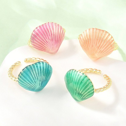 Brass Enamel Cuff Open Rings, Shell Shape, Rack Plating, Long-Lasting Plated Real 18K Gold Plated, Lead Free & Cadmium Free