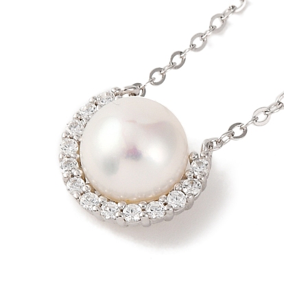 Rhodium Plated 925 Sterling Silver Micro Pave Clear Cubic Zirconia Necklaces, Natural Pearl Half Round Pendant Necklaces