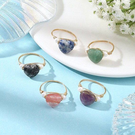 Gemstone & Shell Pearl Copper Wire Finger Rings for Women, Heart