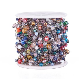 Handmade Glass Beaded Chains, Unwelded, with Brass Findings, with Spool, Faceted, Mixed Shapes