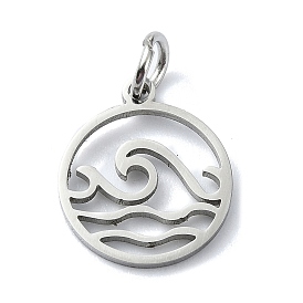304 Stainless Steel Charms, with Jump Rings, Hollow, Flat Round with Wave Charm