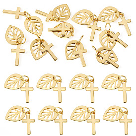 10Stück Kreuz mit Blatt Messing Anhänger, mit 304 Biegeringen aus Edelstahl