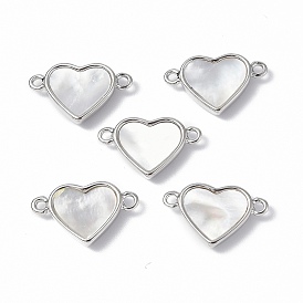 Brass Connector Charms, with Freshwater Shell, Nickel Free, Heart Links