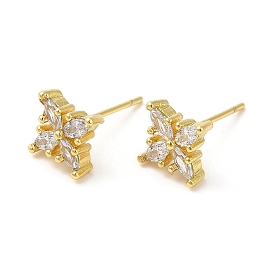 Rack Plating Brass Clover Stud Earrings with Cubic Zirconia, Lead Free & Cadmium Free