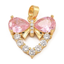 Rack Plating Brass Cubic Zirconia Pendants, Long-Lasting Plated, Heart with Bowknot