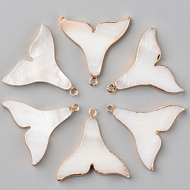 Natural Freshwater Shell Pendants, with Brass Loops, Edge Golden Plated, Fishtail