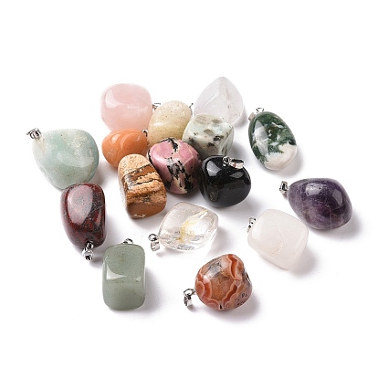 Natural Mixed Stone Pendants, Geometric Charms, with Platinum Tone Iron Snap on Bails, Mixed Shapes
