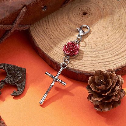Alloy Crucifix Cross Pendant Decorations, with Rose 304 Stainless Steel & Resin Link and Alloy Lobster Claw Clasps