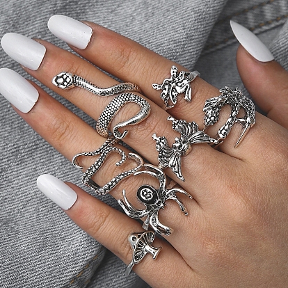 7Pcs 7 Style Skull & Snake & Butterfly & Mushroom & Claw Alloy Cuff Rings Set for Halloween