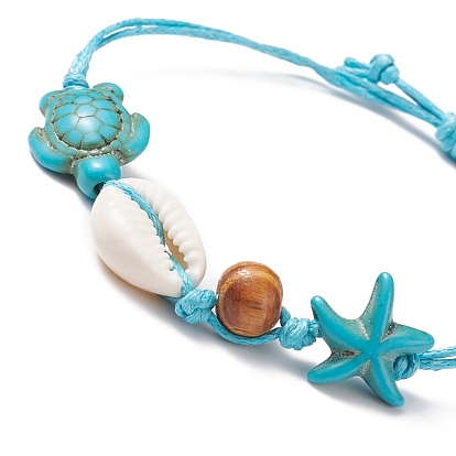 Adjustable Waxed Cotton Cord Braided Bracelets, with Cowrie Shell Beads, Wood Beads, Synthetic Turquoise(Dyed) Beads, Starfish/Sea Stars and Tortoise