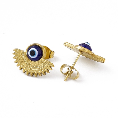 Blue Resin Evil Eye with Fan Stud Earrings, Vacuum Plating 304 Stainless Steel Jewelry for Women