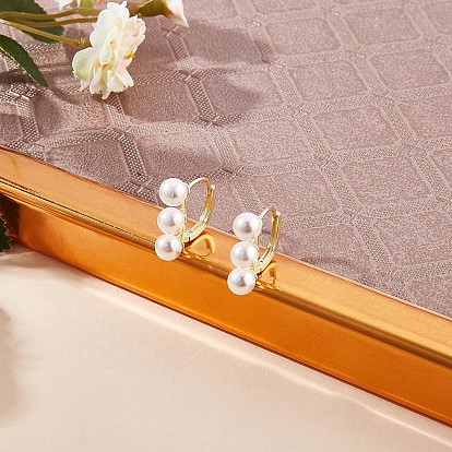 Triple Shell Pearl Beaded Hoop Earrings, Brass Jewelry for Women