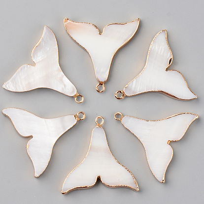 Natural Freshwater Shell Pendants, with Brass Loops, Edge Golden Plated, Fishtail
